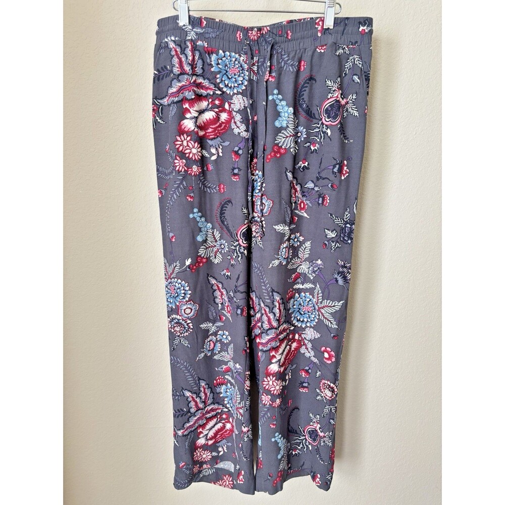 LOFT Women's Size Medium Gray Floral Print Elastic Waist Pull-On Rayon Pants